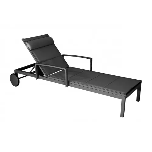 Prix Réduit Lit de relaxation en aluminium et TPEP matelassé - NINA - Dossier réglable avec accoudoirs et roues - Coloris graphite et chevro - PROLOISIRS