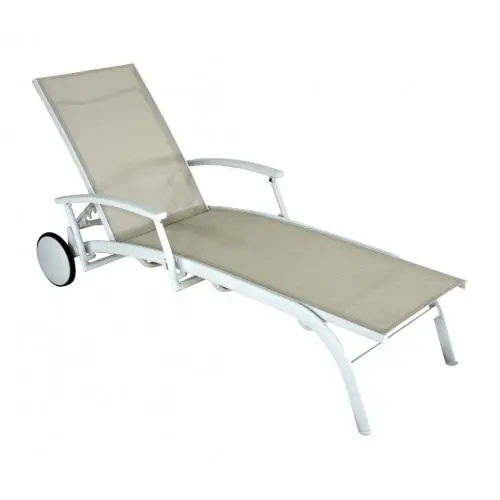 Nouveauté Lit - ELEGANCE - Aluminium - Toile TPEP crème/chevron - Accoudoirs escamotables - Roues - PROLOISIRS
