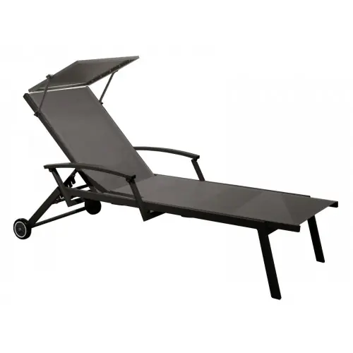 Offre Spéciale Lit empilable – FLORENCE – Aluminium époxy graphite – Toile TPEP gris – Accoudoirs escamotables – Ombrelle – Roues – PROLOISIRS