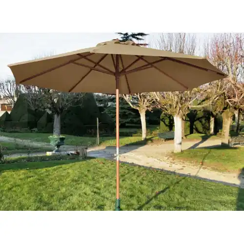 Offre Du Jour Parasol droit en bois - Diamètre 300 cm - Toile couleur taupe - PROLOISIRS