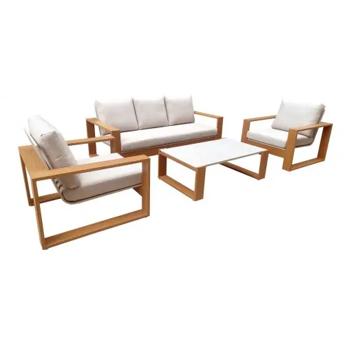 Commander Maintenant Salon de jardin 4 pièces en aluminium avec coussins - LASER - Coloris chêne et crème - PROLOISIRS