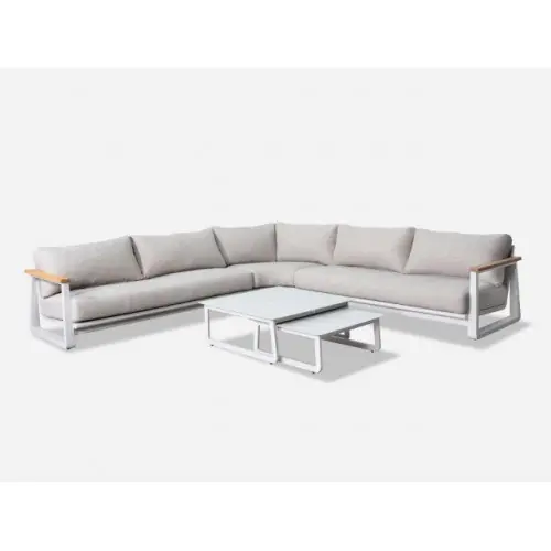 Set angle Leather II en aluminium accoudoirs en teck avec coussins - crème - PROLOISIRS Offre Spéciale