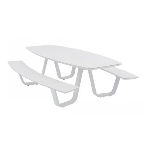 Nouvel Arrivage Set repas PICNIC CURV - 1 table 180 x 72 cm + 2 bancs - Aluminium époxy blanc - PROLOISIRS