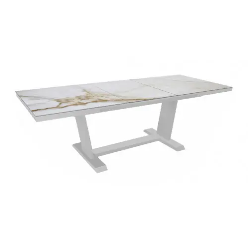 Prix Promo Table AMBER 240/360 x 109 cm - Aluminium époxy blanc / Céramique KEDRA Praline - Allonge automatique - PROLOISIRS