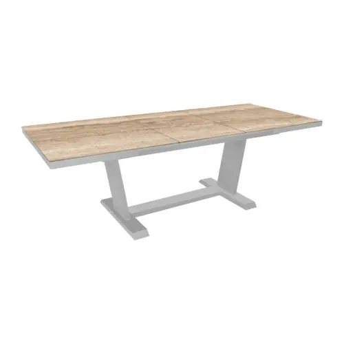 Table AMBER 240/360 x 109 cm – Aluminium époxy blanc / Céramique KEDRA Travertin – Allonge automatique – PROLOISIRS Dernier Modèle