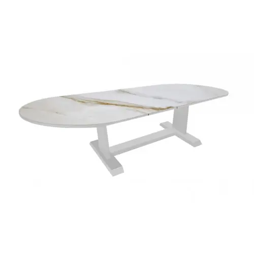 Table AMBER ovale 240/300 x 120 cm - Aluminium époxy blanc / Céramique KEDRA Praline - Allonge automatique - PROLOISIRS Bon Plan