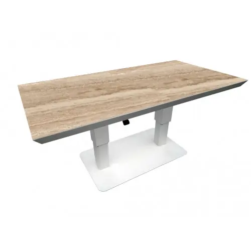 Table basse élévatrice COLOMBO 150 x 80 x 43/69 cm - Aluminium époxy blanc / Céramique KEDRA Travertin - PROLOISIRS Expédié Aujourd'hui