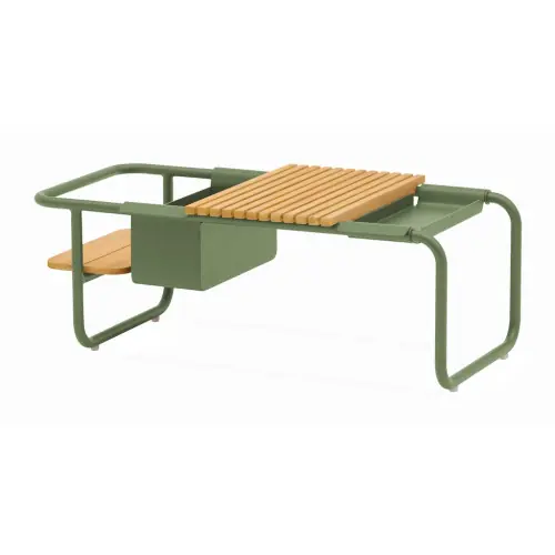 Authentique Table basse SUNSET aluminium époxy plateau teck FSC – Amande – 101 x 46,5 cm – PROLOISIRS