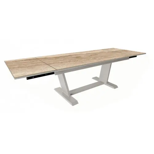 Must-Have Table de repas extensible – AMBER – 180/280 x 100 cm – Crème Travertin – Aluminium époxy et céramique KEDRA – PROLOISIRS