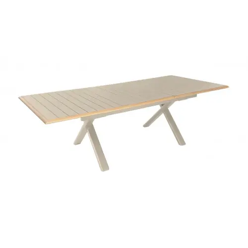 Table de repas extensible en aluminium - COLIBRI 187/247 x 100 - Allonge automatique - Coloris crème et chêne - PROLOISIRS Prix Promo