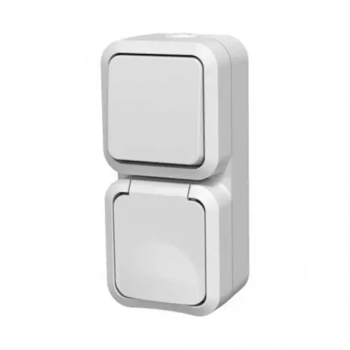 Solde Double va-et-vient avec prise verticale étanche blanche IP55 - commande et alimentation extérieure - Quarx
