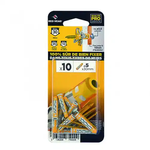 Usine Directe Lot de 10 cheville et vis couleur RED HEAD, Diam.5 mm x L.30 mm - Red head