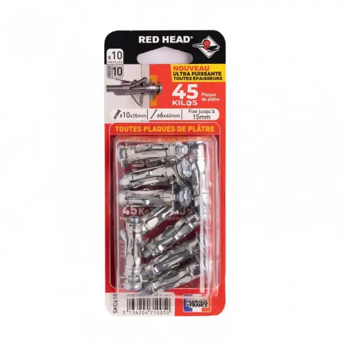 Remise Lot de 10 chevilles Diam. 10 x L.35 mm et vis a expansion RED HEAD, Diam. 6 x L.340 mm - Red head