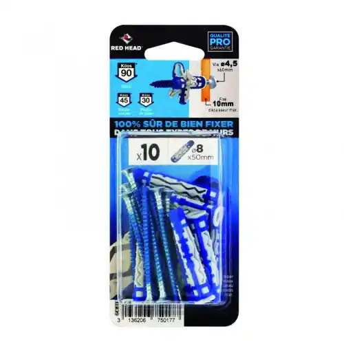 Prix Réduit Lot de 10 chevilles et vis couleur RED HEAD, Diam.8 mm x L.50 mm - Red head