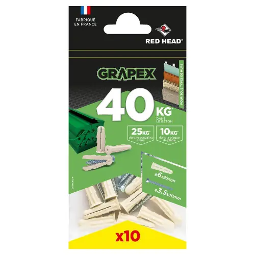 Lot de 10 chevilles grapex G6VPSA10 P RED HEAD, Ø6 x L.25 mm - Red head Certifié