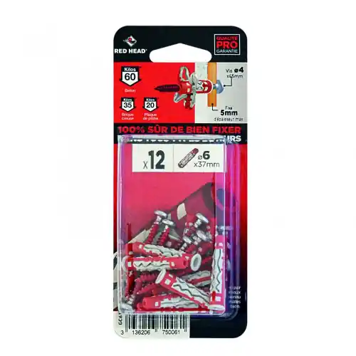 Expédié Aujourd'hui Lot de 12 chevilles et vis couleur RED HEAD, Diam.6 mm x L.37 mm - Red head