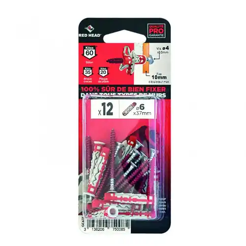 Expédition Rapide Lot de 12 chevilles et vis couleur RED HEAD, Diam.6 mm x L.37 mm - Red head