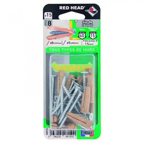 Offre Spéciale Lot de 15 cheville et vis BATIFIX, Diam.8 x L.32 mm - Red head