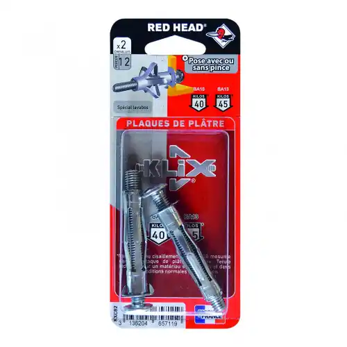 Lot de 2 chevilles et vis à expansion klix RED HEAD, Diam.8 x L.53 mm - Red head Meilleure Vente