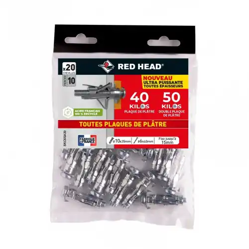 Lot de 20 chevilles Diam.10 x L.35 mm et vis a expansion RED HEAD, Diam.6 x L.40 mm - Red head Prix Promo