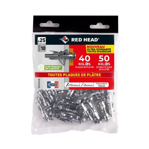 Lot de 25 chevilles Diam.10 x L.35 mm et vis a expansion RED HEAD, Diam.5 x L.40 - Red head Acheter En Ligne