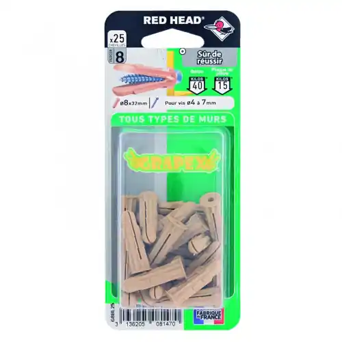 Lot de 25 chevilles RED HEAD, Diam.8 x L.32 mm - Red head Satisfait Ou Remboursé