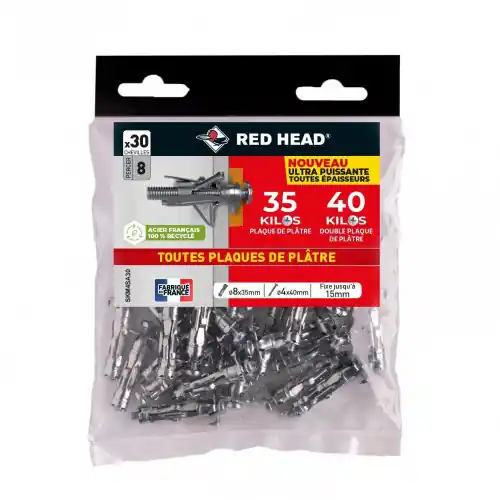 Lot de 30 chevilles Diam.8 x L.35 mm et vis a expansion RED HEAD, Diam.4 x L.40 mm - Red head Livraison Express