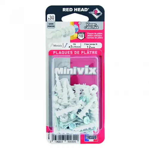 Lot de 30 chevilles et vis à visser minivix RED HEAD, Diam.5 x L.25 mm - Red head Retour Gratuit