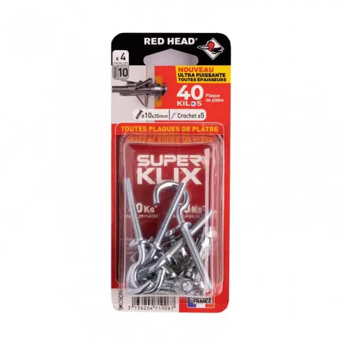 Livraison Express Lot de 4 chevilles Diam.10 x L.35 mm et crochet RED HEAD, Diam.5mm - Red head
