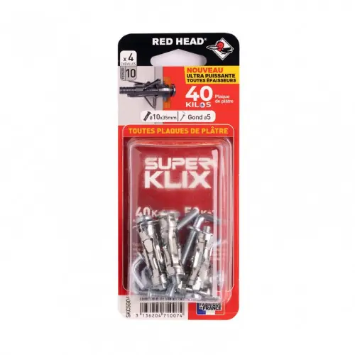 Lot de 4 chevilles Diam.10 x L.35 mm et gond RED HEAD, Diam.5mm - Red head Vente Directe