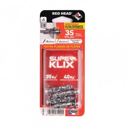 Nouveauté Lot de 4 chevilles Diam.8 x L.35 mm et vis a expansion RED HEAD, Diam.4 x L.40 mm - Red head