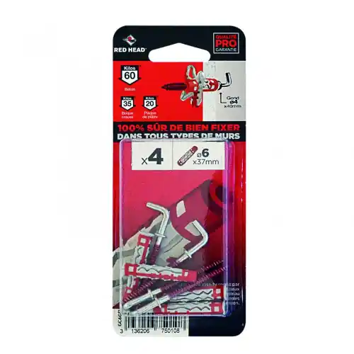 Lot de 4 chevilles et gonds couleur RED HEAD, Diam.6 mm x L.37 mm - Red head Retour Gratuit
