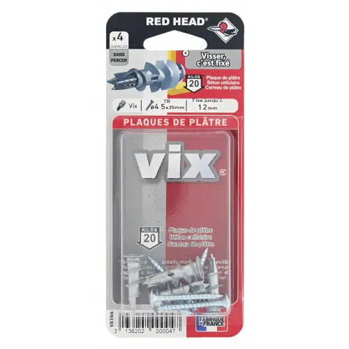 Acheter En Ligne Lot de 4 chevilles et vis à visser vix RED HEAD, Diam.12 x L.30 mm - Red head