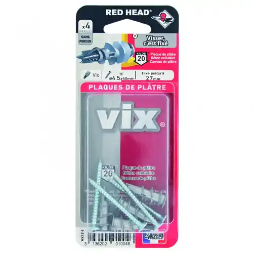 Bon Plan Lot de 4 chevilles et vis à visser vix RED HEAD, Diam.12 x L.30 mm - Red head