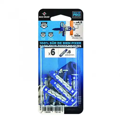 Produit De Marque Lot de 6 chevilles et vis couleur RED HEAD, Diam.8 mm x L.50 mm - Red head