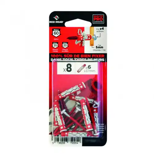 Usine Directe Lot de 8 chevilles et vis couleur RED HEAD, Diam.6 mm x L.37 mm - Red head