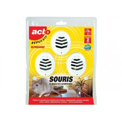 Lot de 3 répulsifs ultrasons souris, insectes rampants, protégent 3 x 45 m² – RETRO Remise