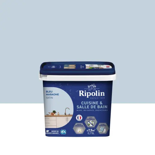 Peinture mur, RIPOLIN cuisine et bain, 0.75 litre, bleu maraone satin - RIPOLIN Promotion