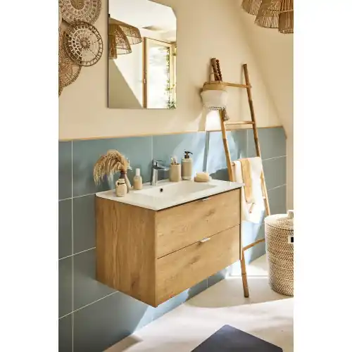 Promotion Saisonnière Meuble simple vasque L.80cm, effet chêne, Infinity - vasque et miroir inclus - Sans marque