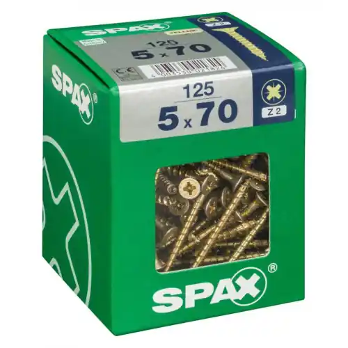 Offre Exclusive Lot de 125 vis acier tête fraisée pozidriv SPAX, Diam.5 mm x L.70 mm – SPAX