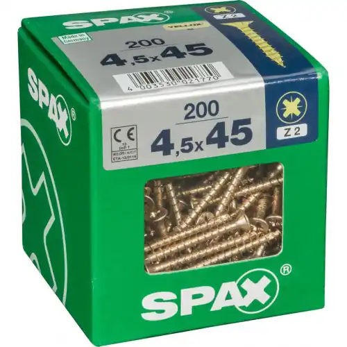 Lot de 200 vis acier tête fraisée pozidriv SPAX, Diam.4.5 mm x L.45 mm – SPAX Expédition Rapide