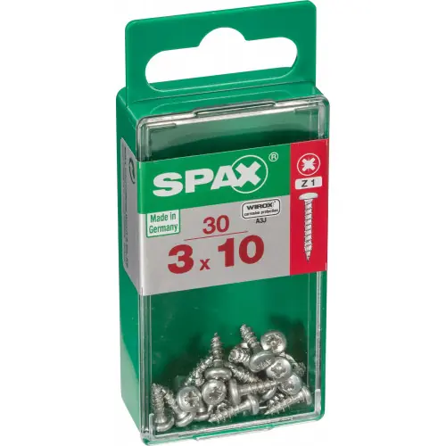 Petit Prix Lot de 30 vis acier tête cylindrique bombée SPAX, Diam.3 mm x L.10 mm - SPAX
