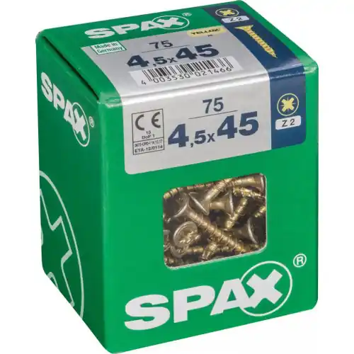 Lot de 75 vis acier tête fraisée pozidriv SPAX, Diam.4.5 mm x L.45 mm – SPAX Nouveauté