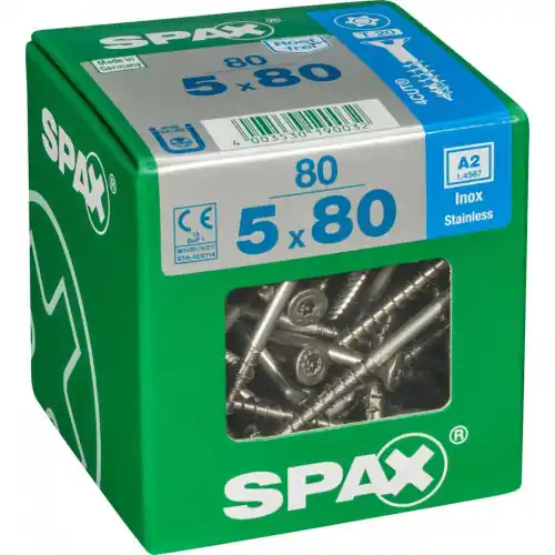 Nouveauté Lot de 80 vis inox tête fraisée torx SPAX, Diam.5 mm x L.80 mm – SPAX