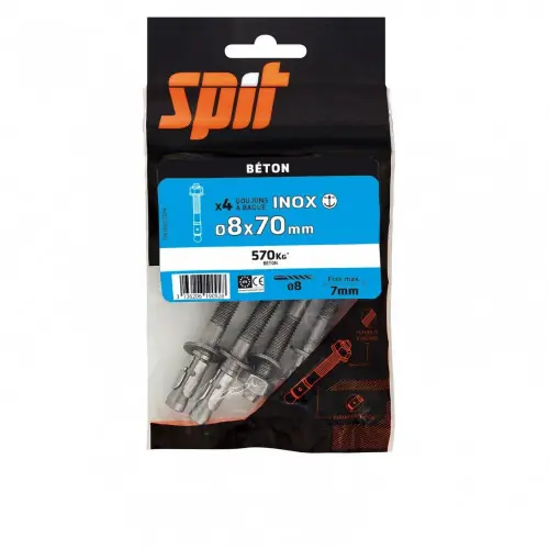Nouveauté Lot de 4 goujons a bague acier SPIT, Diam.8 x L.70 mm – SPIT