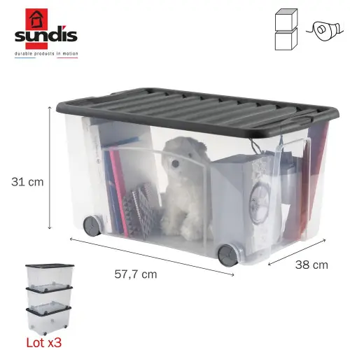 Lot de 3 bacs SUNDIS polypropylene transparent l.38 x H.31 cm, 50 l – SUNDIS Offre Du Jour