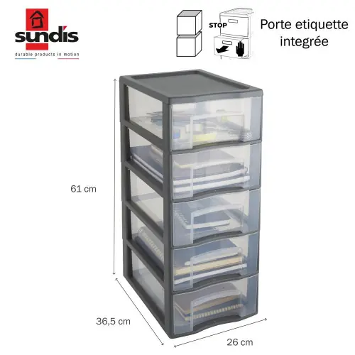 Meilleur Prix Tour de rangement plastique A4 Tag Tower 5 tiroirs transparents – gris – SUNDIS