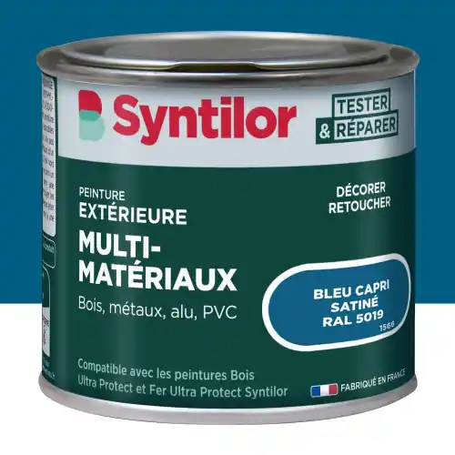 Réduction Peinture exterieure bois, aluminium, pvc . SYNTILOR bleu capri satine 125ml – SYNTILOR