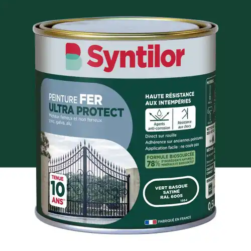 Prix Promo Peinture exterieure fer, alu Ultra protect SYNTILOR vert basque satine0.5l – SYNTILOR