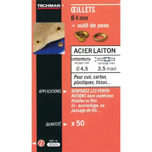 Retour Gratuit 25 oeillets laiton Ø 8 mm avec outil de pose - TECHMAN